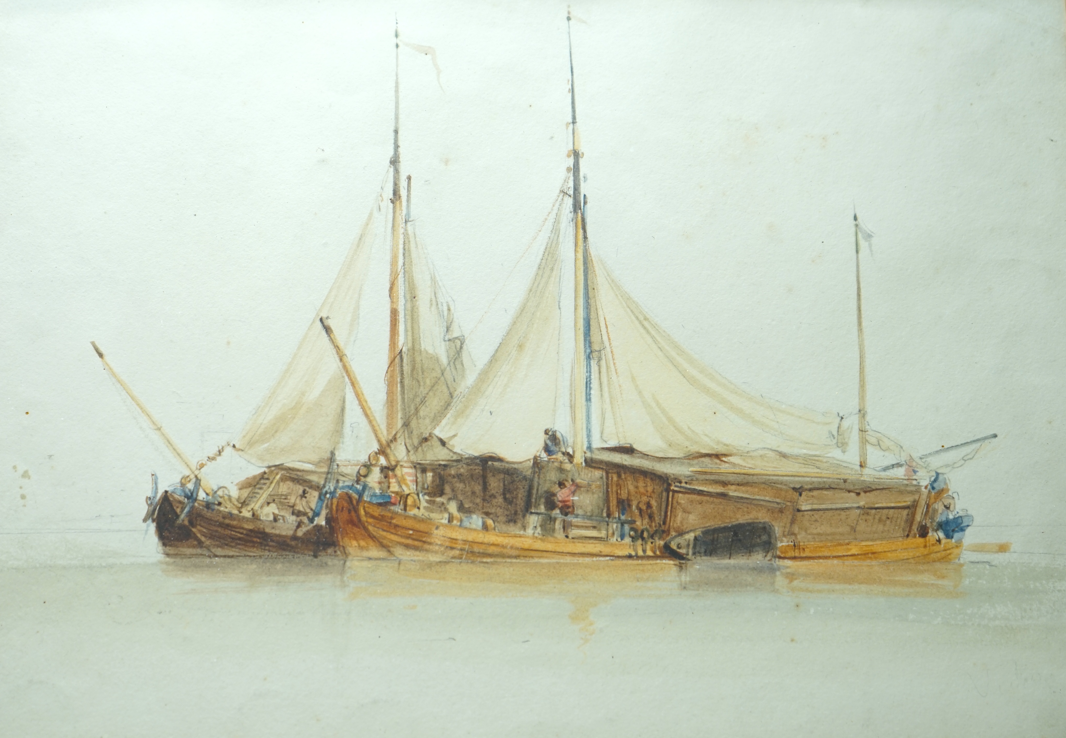 Alfred Vickers (1810-1837), watercolour, ‘Shipping in a calm’, unsigned, inscribed label verso, 25 x 34cm. Condition - fair